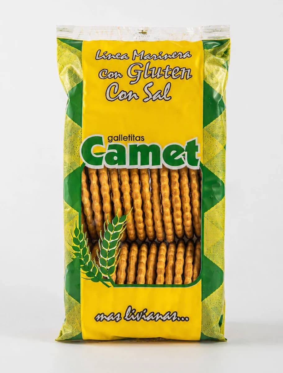 Con gluten, con sal. Envase del producto Camet.