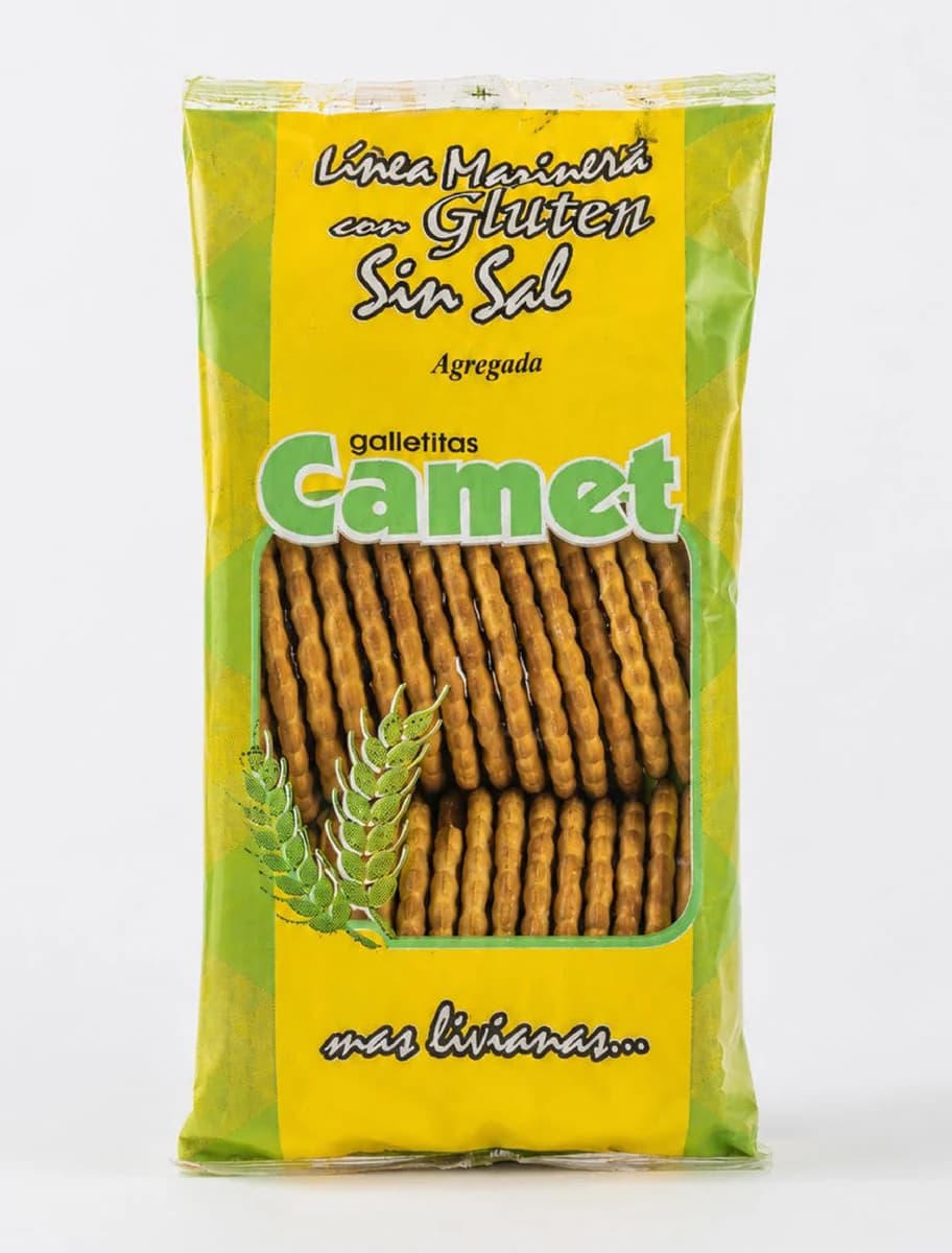 Con gluten, sin sal. Envase del producto Camet.