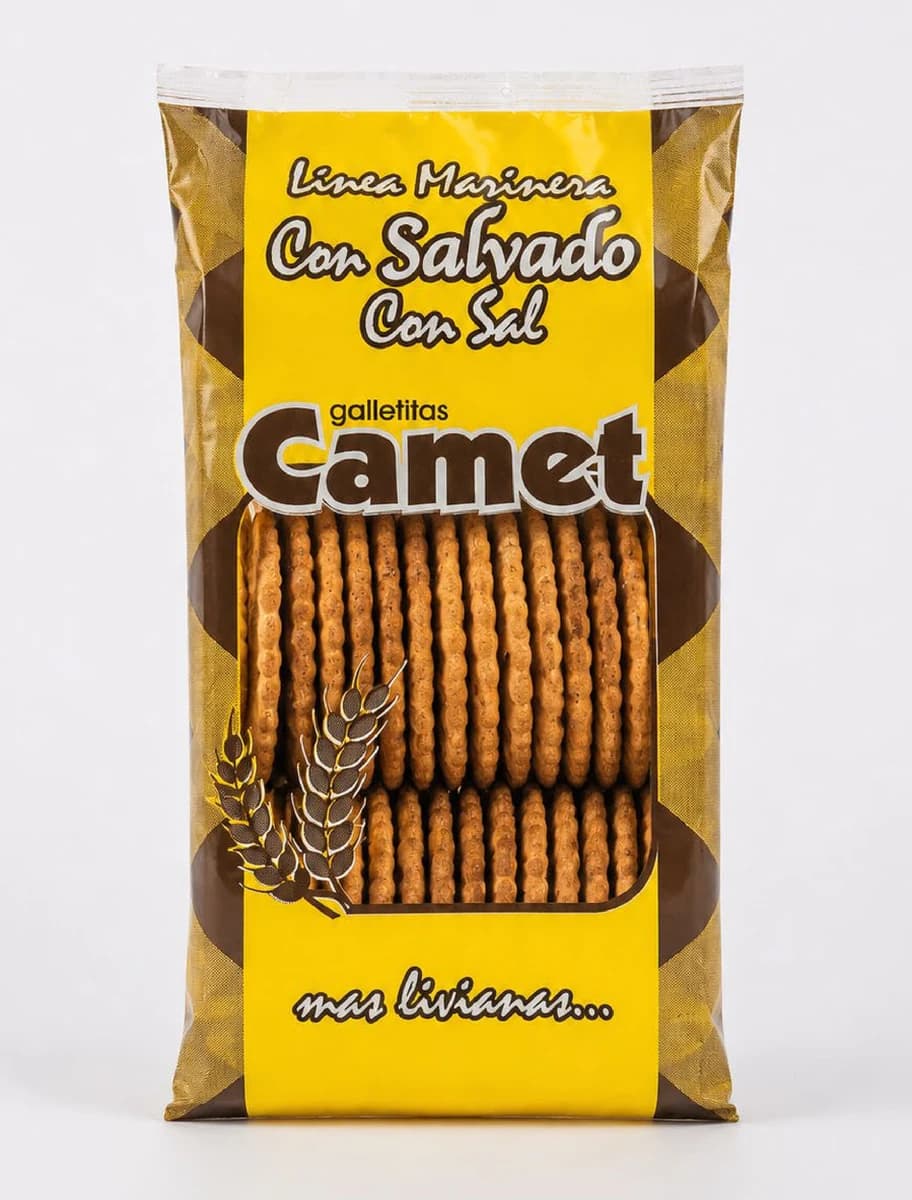 Con salvado, con sal. Envase del producto Camet.